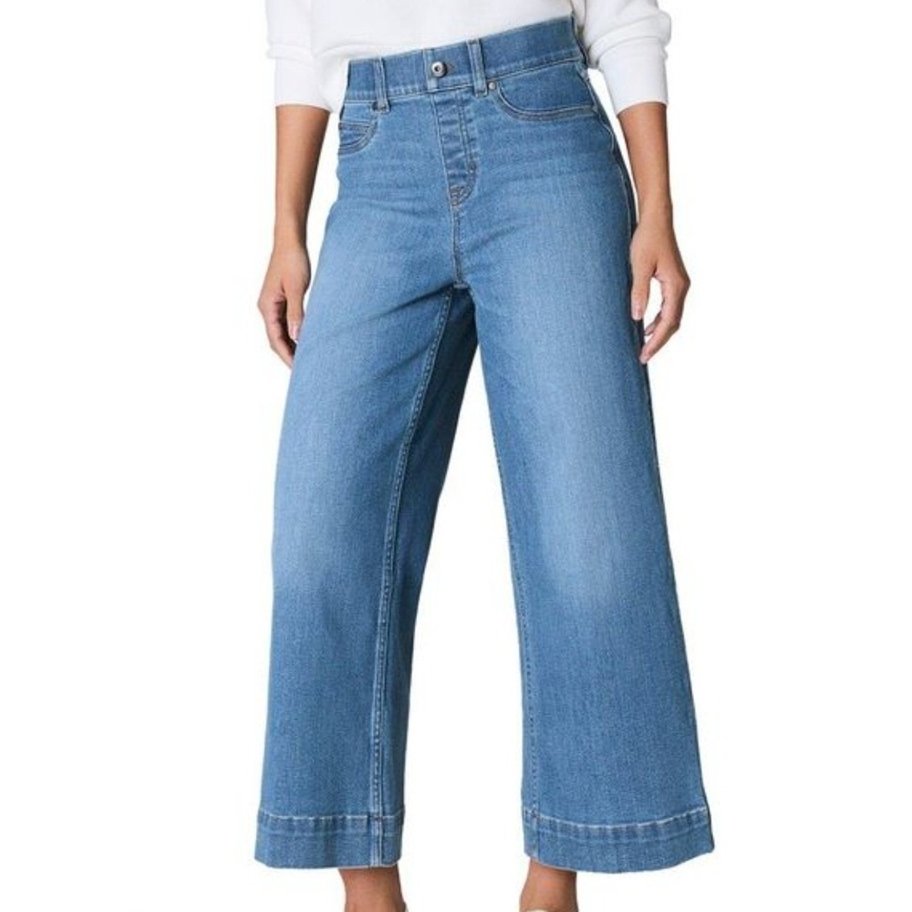 Spanx Blue Pull On Crop Wide Leg Jeans High Waist Denim Stretch Minimalist Large